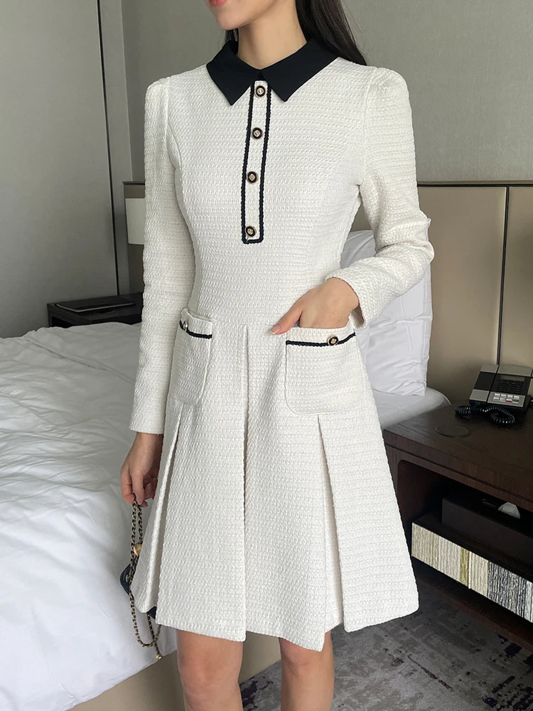 2024 Korean Chic Tweed Pleated Dress Women Elegant New High Quality Lapel Pocket Long Sleeve Single Breasted Ladies Dresses