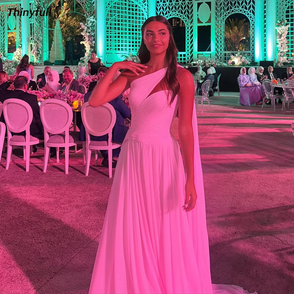 

Thinyfull A-line Chiffon Evening Dresses Sleeveless One Shoulder Pleated Prom Dress Holiday Style Gown Robe De Soirée Customized