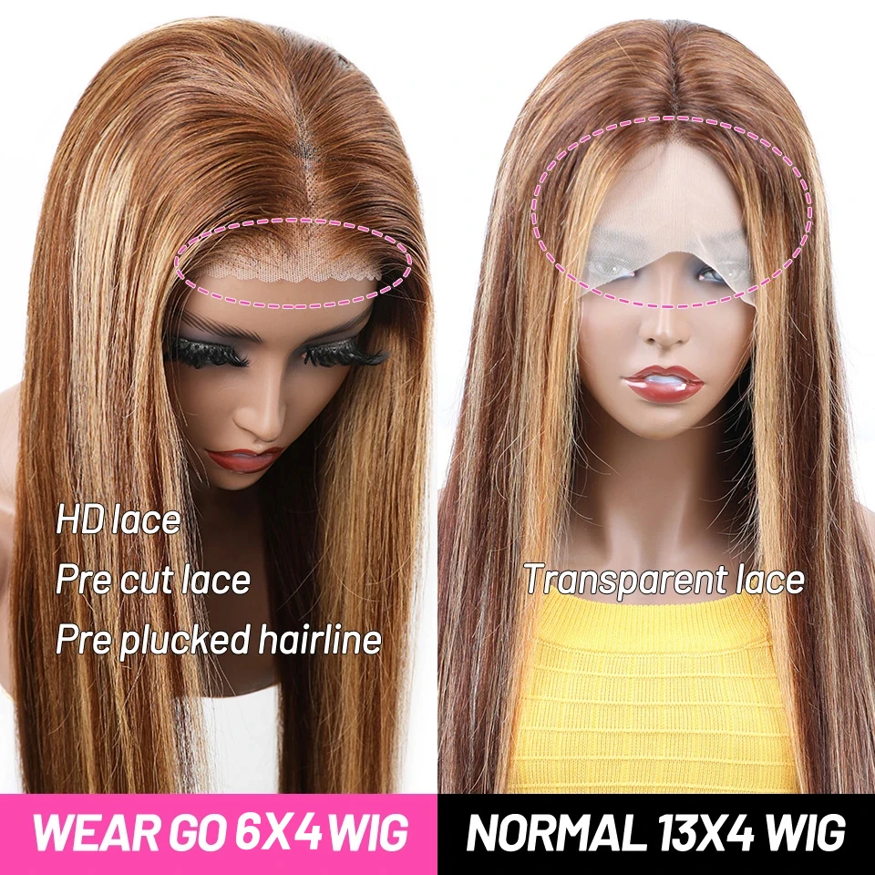 Wear And Go Glueless Wig ISEE Hair Malaysian Straight Highlight Wig Preplucked 6x4 HD Lace Closure Glueless Wig Ready To Wear