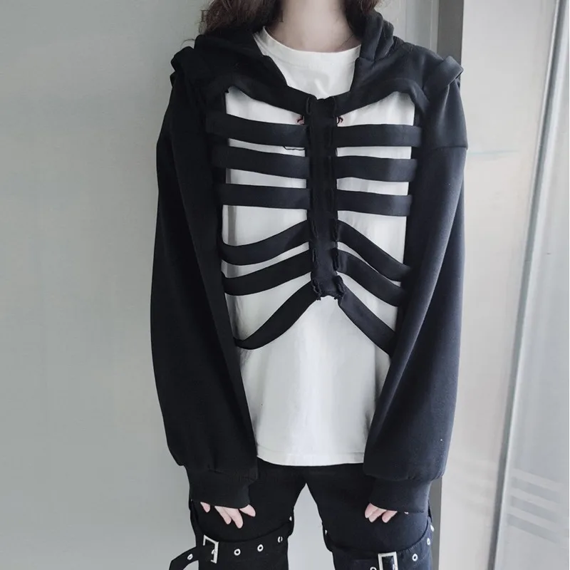 Halloween Solid Skeleton Hollow Out Hooded Sweatshirts Women Long Sleeve Loose Casual Pullovers Hoodies Harajuku Streetwear Tops