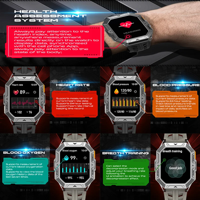 2025 novo smartwatch de bateria grande de 1000mAh com bateria de ultra longa duração, chamadas Bluetooth, monitoramento de saúde, smartwatch esportivo