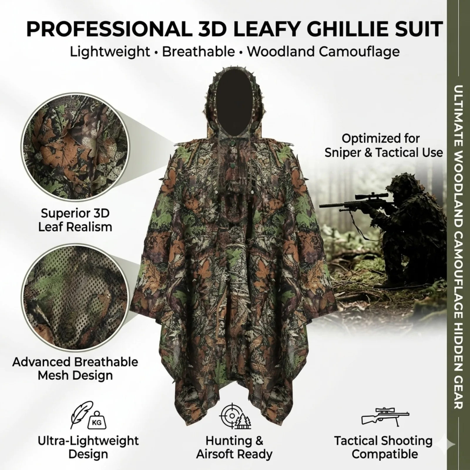 

Профессиональный 3D-костюм Ghillie с листьями, дышащий камуфляж для лесной местности, для наблюдения за птицами, снайперской охоты, фотосъемки дикой природы, страйкбола