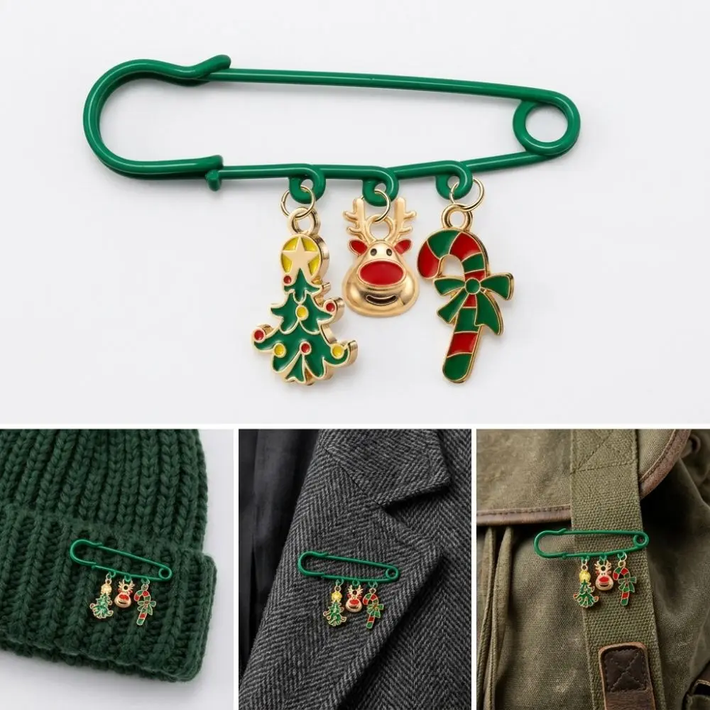 Fashion Christmas Dangle Safety Pin Alloy Enamel Christmas Decor Brooch Pin Rust-proof Cartoon Reindeer Tree Charm Brooch