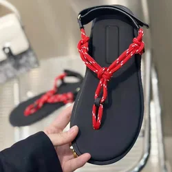 Hemp Rope Knot Clip Toe Sandals In Style Summer Street Fashion Women Flat Sandals Outdoor Casual Beach Hook & Loop Roman Sandals