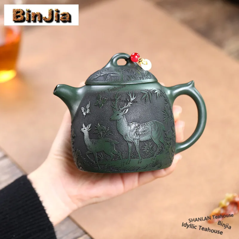 

360 мл Креативные чайники из фиолетовой глины Исин ручной работы с оленем Цинь Quan Горшок из сырой руды Темно-зеленый грязевой чайник Чайный сервиз Zisha Украшение Подарок