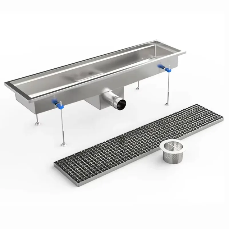 Industrial floor drain system with linear stainless steel gutter grille channels and gaps for drainage