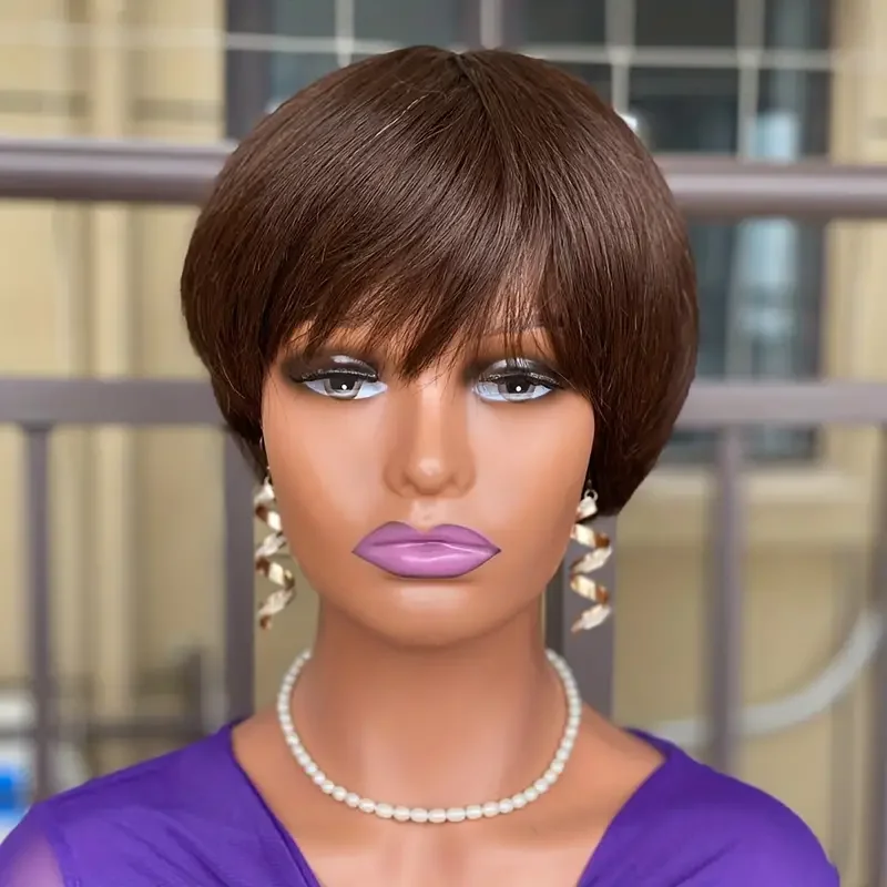 180% الكثافة براون قصيرة عابث قطع الباروكات آلة صنع قصيرة شعر طبيعي مفرود الباروكات مع الانفجارات للنساء للاستخدام اليومي