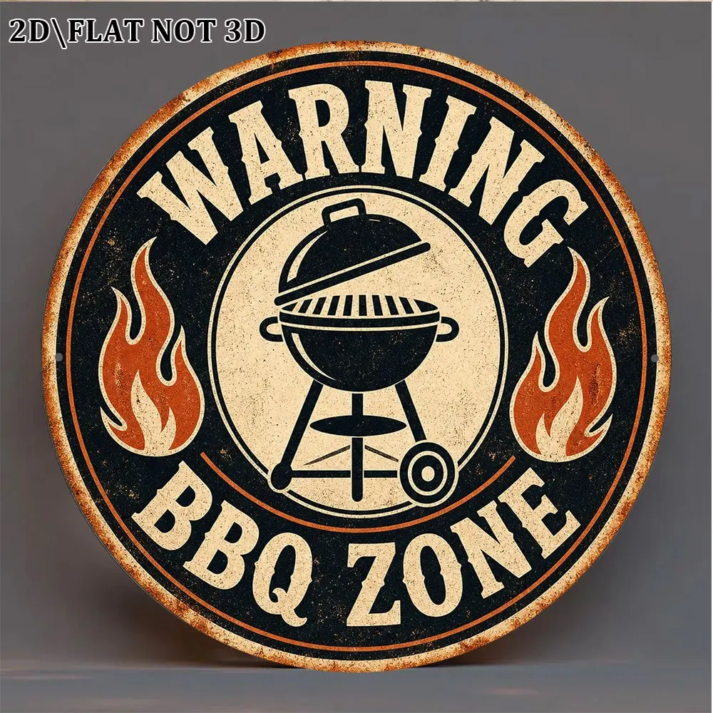 Vintage BBQ Warning 2D Round Aluminum Sign 8x8in Outdoor Bar Kitchen Grill Area Wall Decor Gift
