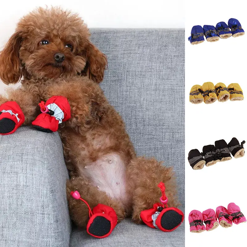 4pcs/set Waterproof Winter Thick Warm Pet Dog Shoes Anti-slip Rain Snow Boots Footwear For Small Cats Puppy Dogs Socks Booties