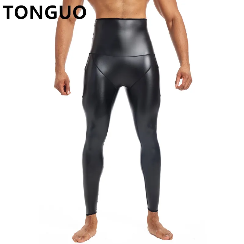 Pantalones de cuero de cintura alta para hombre, moldeador de cuerpo, entrenador de cintura, bragas de Control, ropa interior de compresión,