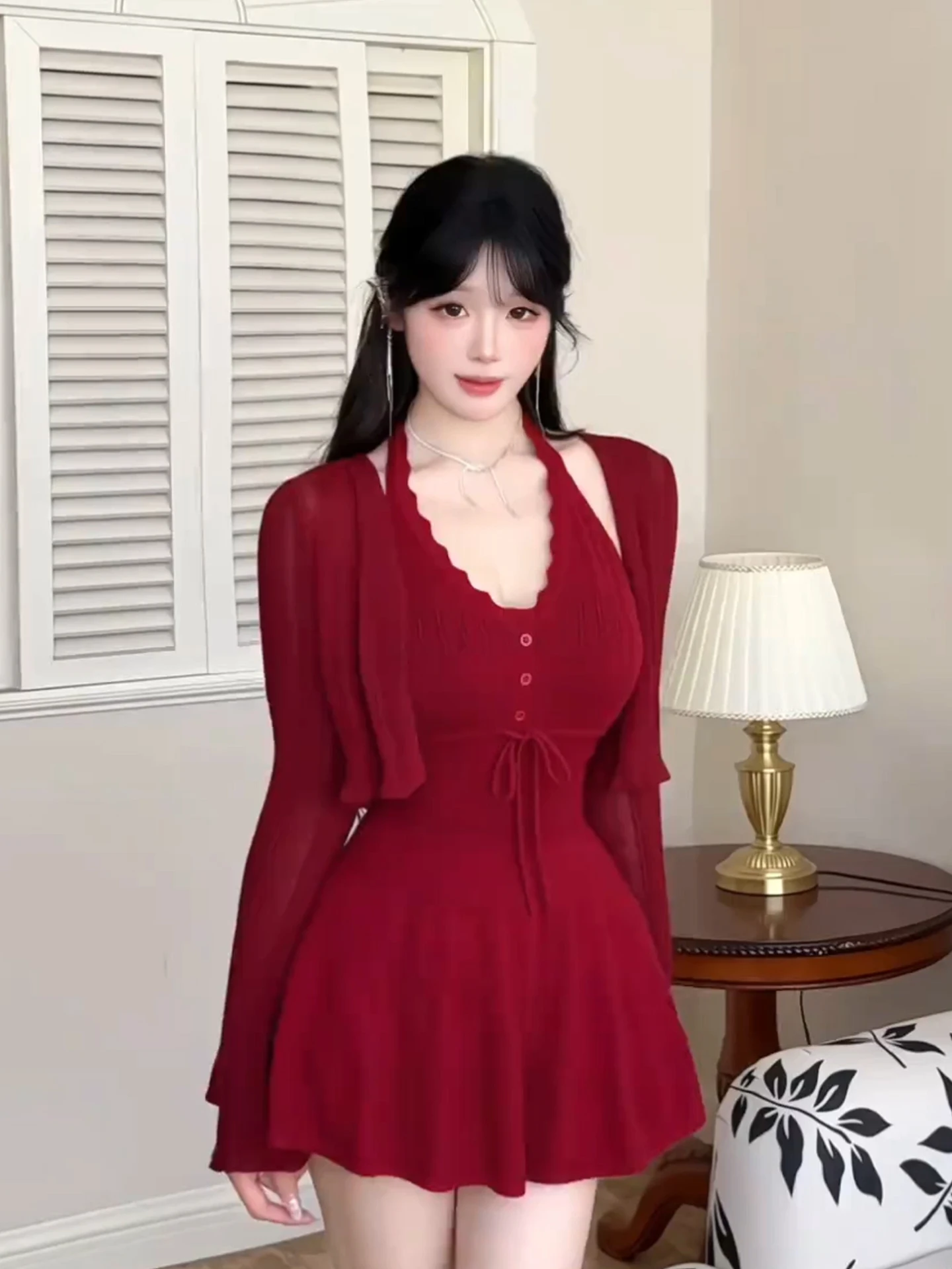 

XZY Spicy Girl Red V-Ne Knitted Dr Women's plus Size Winter Cardigan New Year's Outfit Hanging Ne Design Bodycon Sle