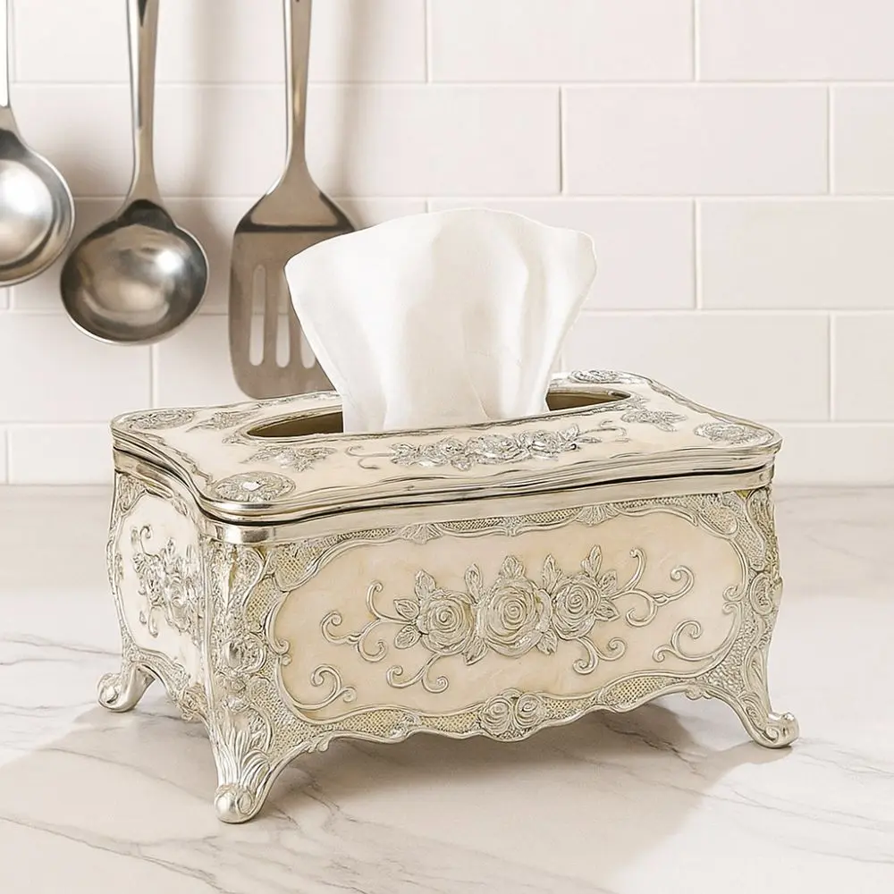 Creative European Style Tissue Box Holder Rose Pattern Plastic Desktop Tissue Box Light Luxury Tissue Dispenser Restaurants