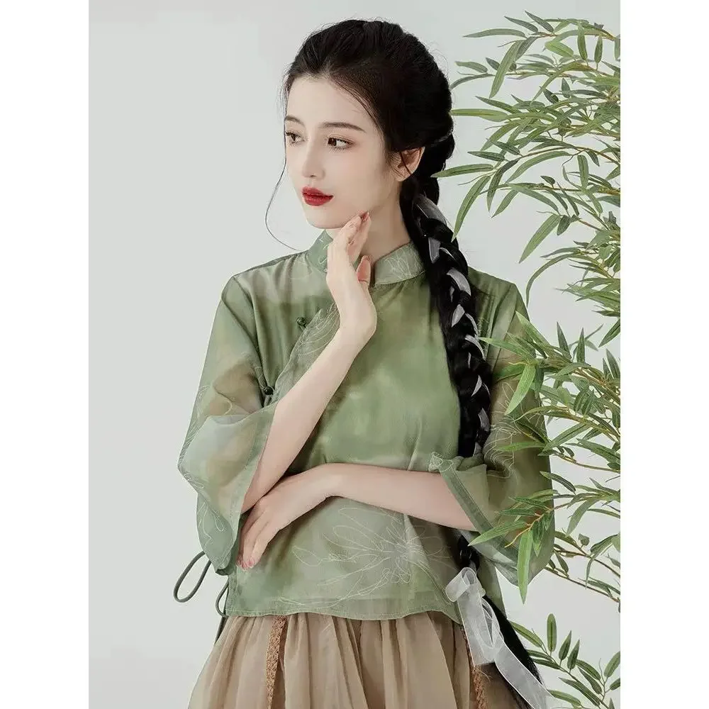 New Green Chinese Style Tea Art Division Hanfu Han Elements Zen Republic of China Style Retro Improved Cheongsam Dress Tang Suit