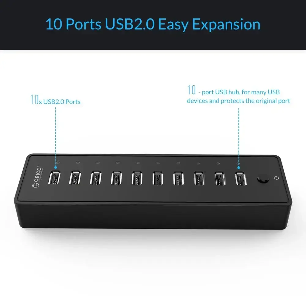 ORICO 10포트 USB USB2.0 허브 12V 전원 어댑터 포함 고속 USB 스플리터 PC 컴퓨터용 1M 데이터 케이블 타입-A/M에서 타입-B/M로
