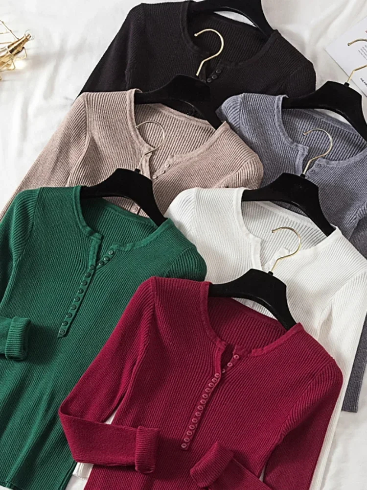 

Autumn Winter Button Knitwear V Neck Sweater Women Basic Slim Pullover Women Sweaters And Pullovers Knit Jumper Ladies Tops