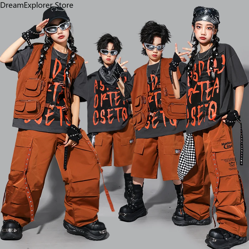 

Hip Hop Boys Letters T-shirt Vest Cargo Pants Street Dance Shorts Girls K-pop Jazz Costume Children Clothes Sets Kids Streetwear