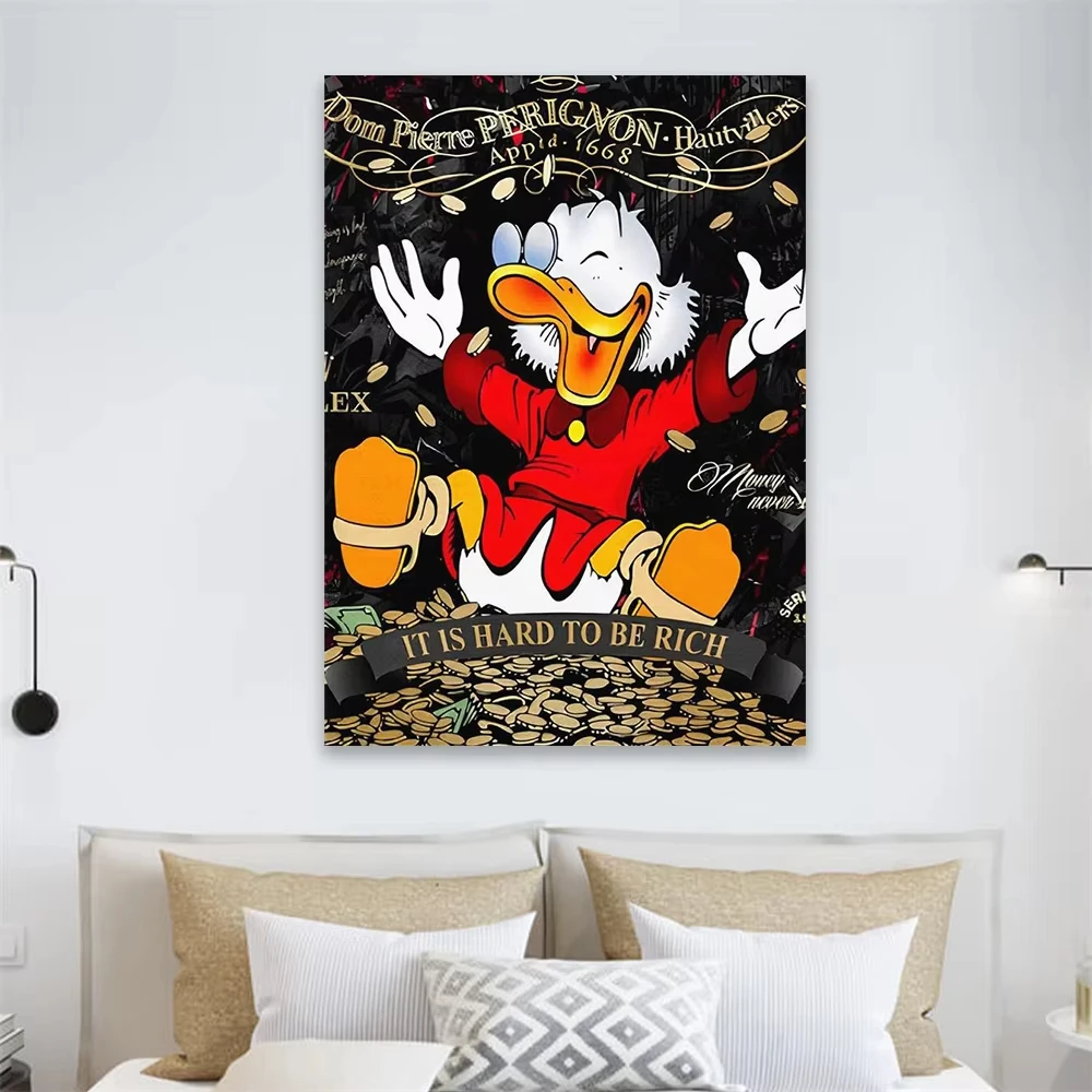 فن البوب قماش اللوحة الكتابة على الجدران دونالد داك الحب المال يطبع ديزني بيتكوين ريتش داك غرفة نوم غرفة المعيشة الديكور ملصق