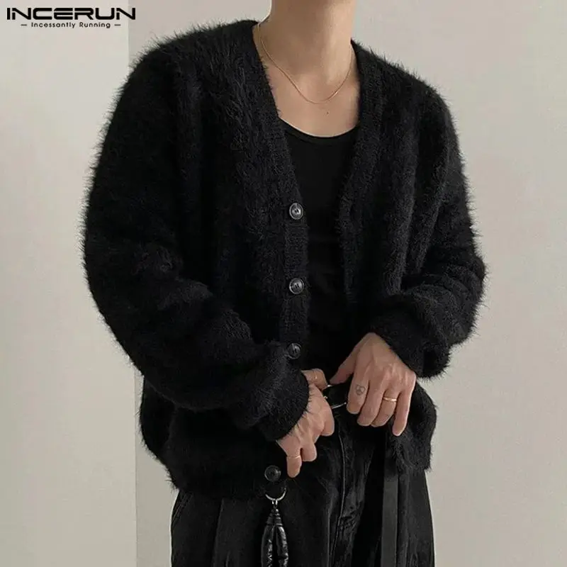 INCERUN 남성용 단색 플러시 V넥 스웨터, 긴팔 캐주얼 가디건, 남성용 스트리트웨어, 2023 패션, 레저 니트 아우터