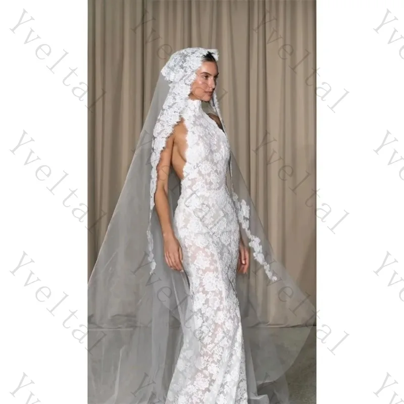 Customized Elegant Charming Temperament  Halter High Neck Wedding Dresses All Over Lace Backless Sexy Mermaid Bridal Gown