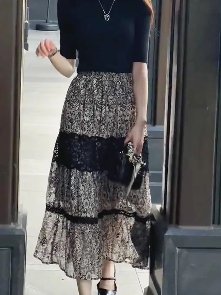 Woman Skirt Black Floral Midi Skirts for Women Chiffon Patchwork Clothing Trend 2025 Aesthetic Stylish High Quality Sales V Y2k