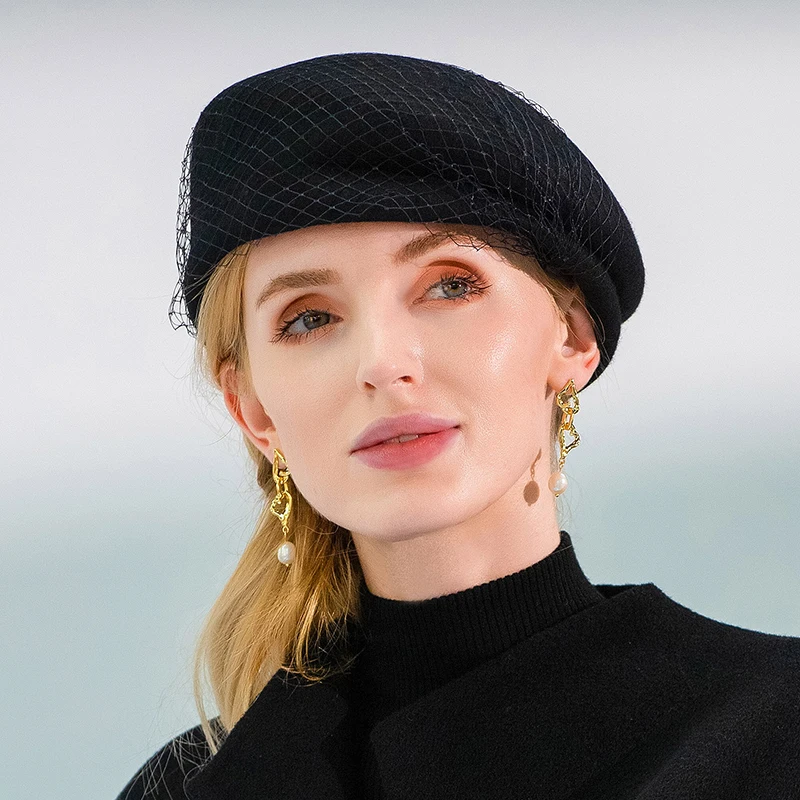 X4207 Lady Winter Sweet Hat Girls Beanie Cap Youth Casual Fashion Versatile Wool Top Caps British Hat Veil Wool Wedding Hat