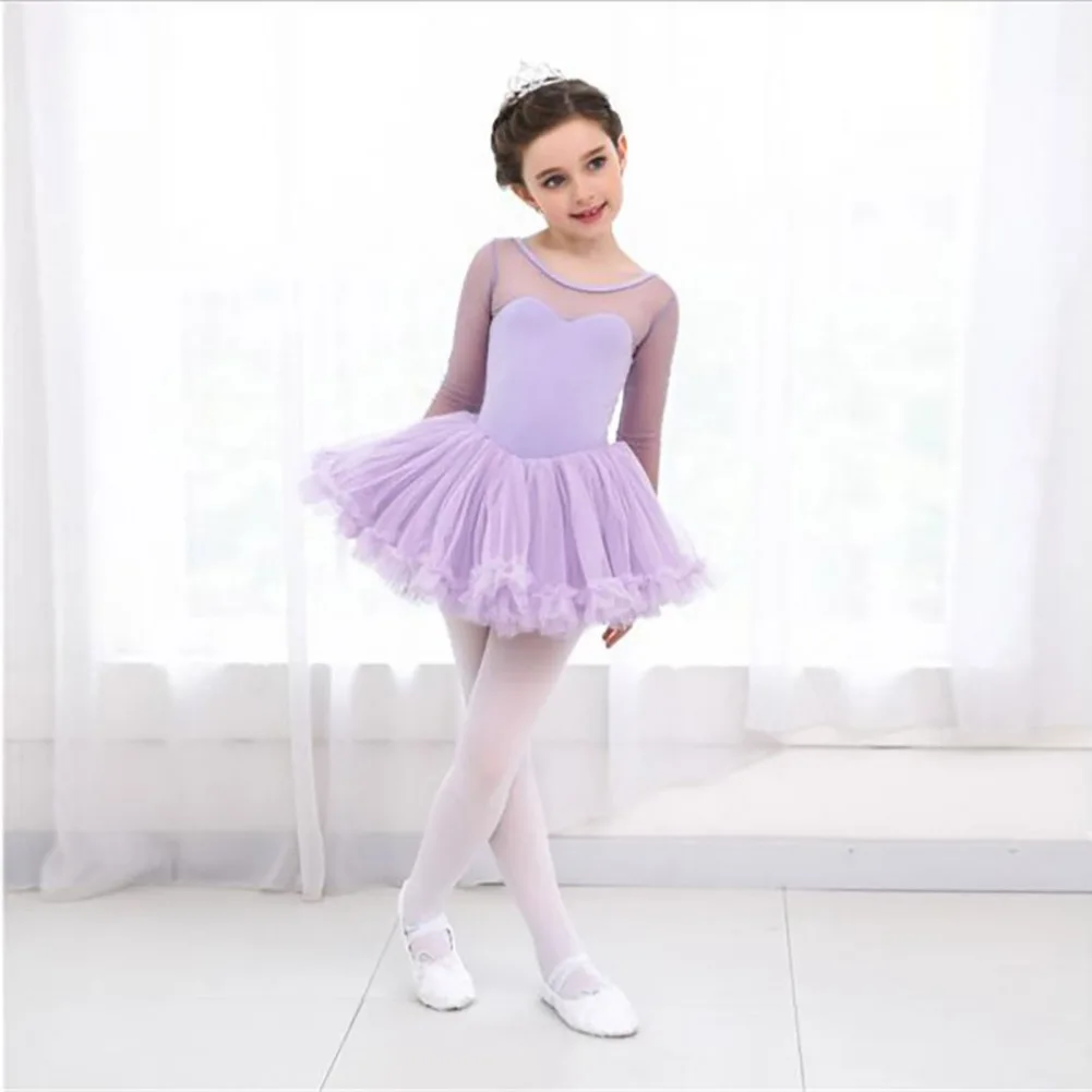 New Sweet Latin Dance Dress For Kids Solid Color Long-sleeved Lace Ballet Dress Kid\'s Temperament Dancewear Stage Costume