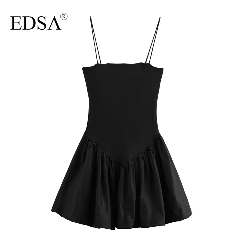 EDSA 여성용 빈티지 솔리드 미니 원피스 캐미 볼 가운 드레스, 슬래시 넥 민소매 여름 여성 패션 캐주얼 원피스