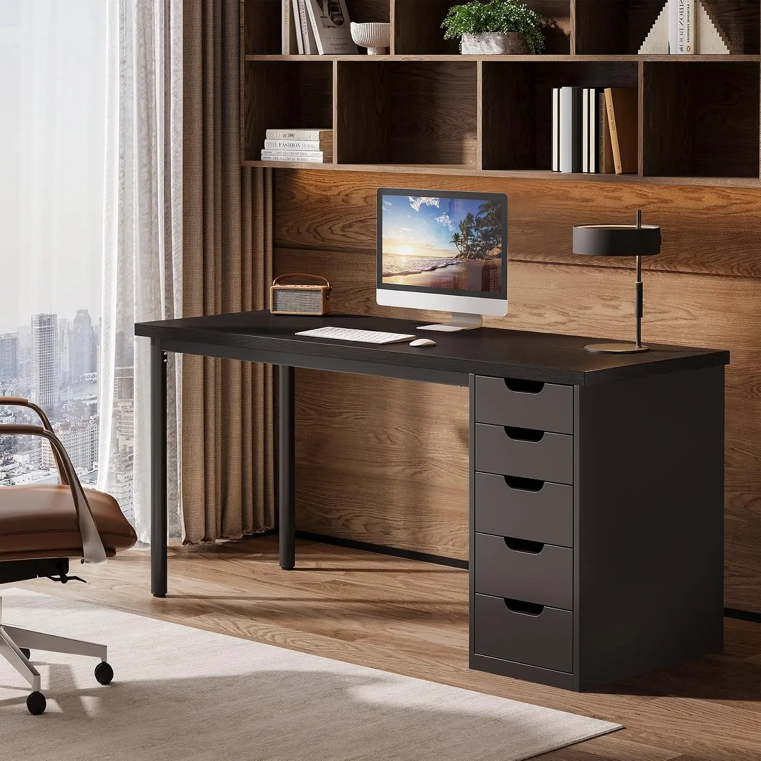 Simple Computer Desk with 5 Reversible Drawers, 47 Inches Rustic Brown Study Writing Workstation for Home Office, Customized