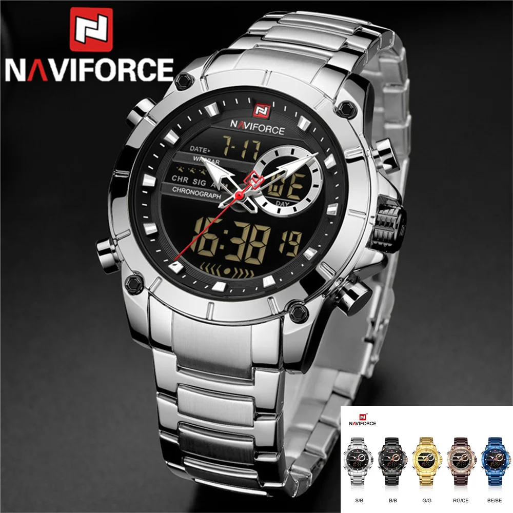 NAVIFORCE Top Brand Luxury Watch Men Waterproof Quartz Digital Led Male Clock Military Sport Stainless Steel Man Wristwatch 9163