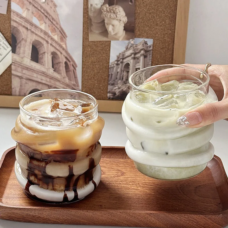 1pc Irregular Circular Glass Cup Office Ice Cream Cold Drink Cups Cafe American Coffee Cups Creative Gifts For Friends Milk Mugs