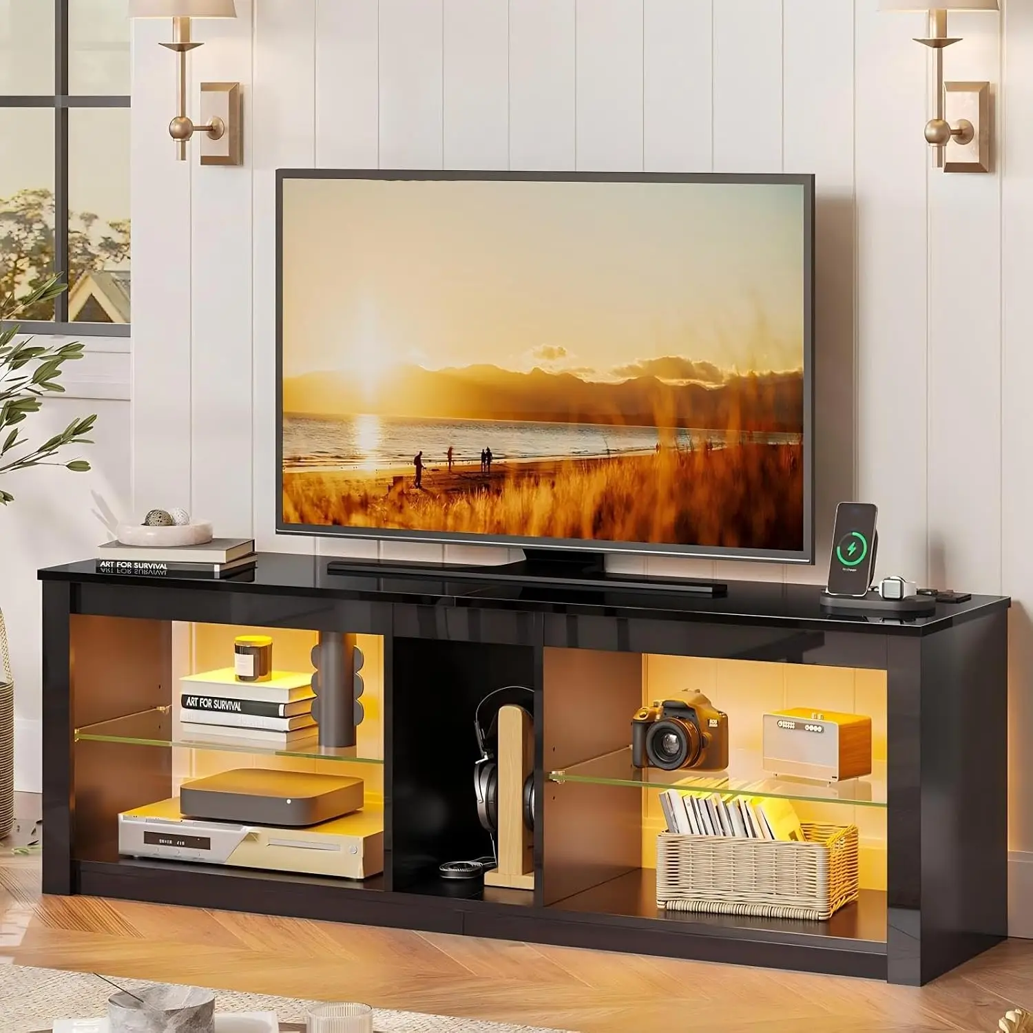 LED TV Stand For 55/60/65 Inch TV, Black High Gloss Entertainment Center With Power Outlet & Adjustable Shelves,, Customized