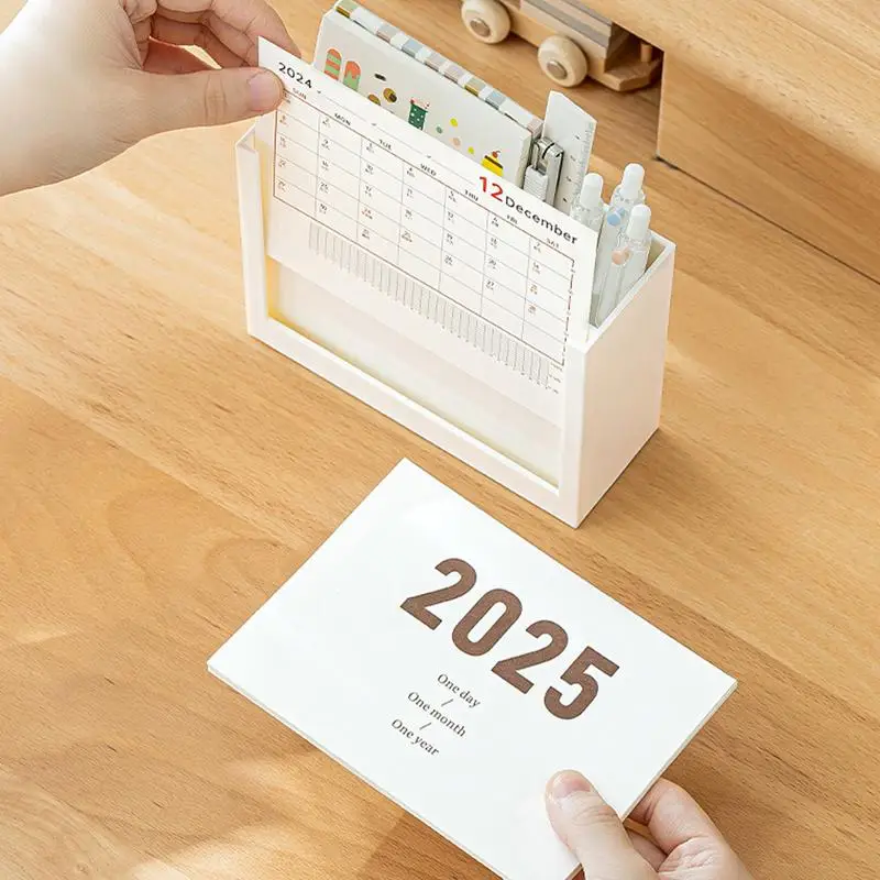 Potloodhouder met kalender Potloodpot 2025 Kalenderorganisator Desktop Organizer Make-upborstelstandaard voor thuis Woonkamer Café