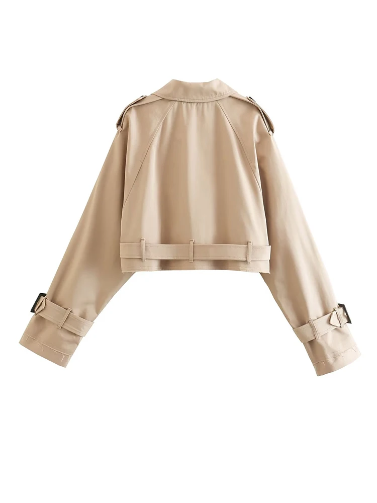 New Women Fashion With Belt Oversized Cropped Trench Coats Vintage Double Button Long Sleeve Ladies Short Khaki