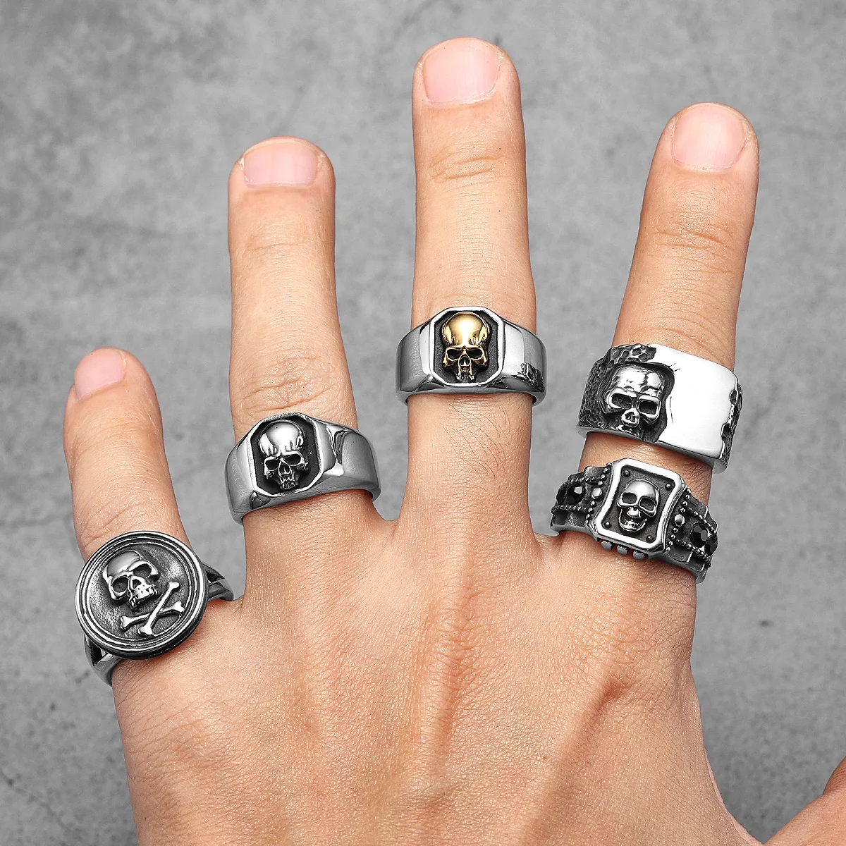 Black Gem Stone Skull Men Rings Stainless Steel Women Jewelry Punk Gothic Vintage Fashion Accessories Halloween Gift Wholesale