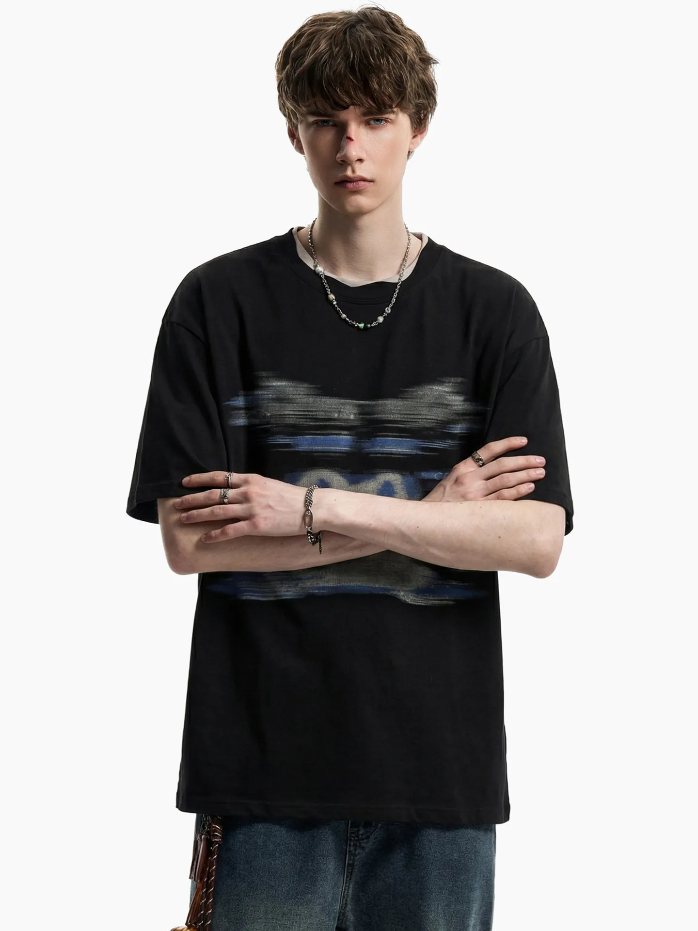 Men Vintage Blur Abstract Face Print Short Sleeve T-shirt Loose Round Neck Casual Streetwear Summer Basic Black Tee