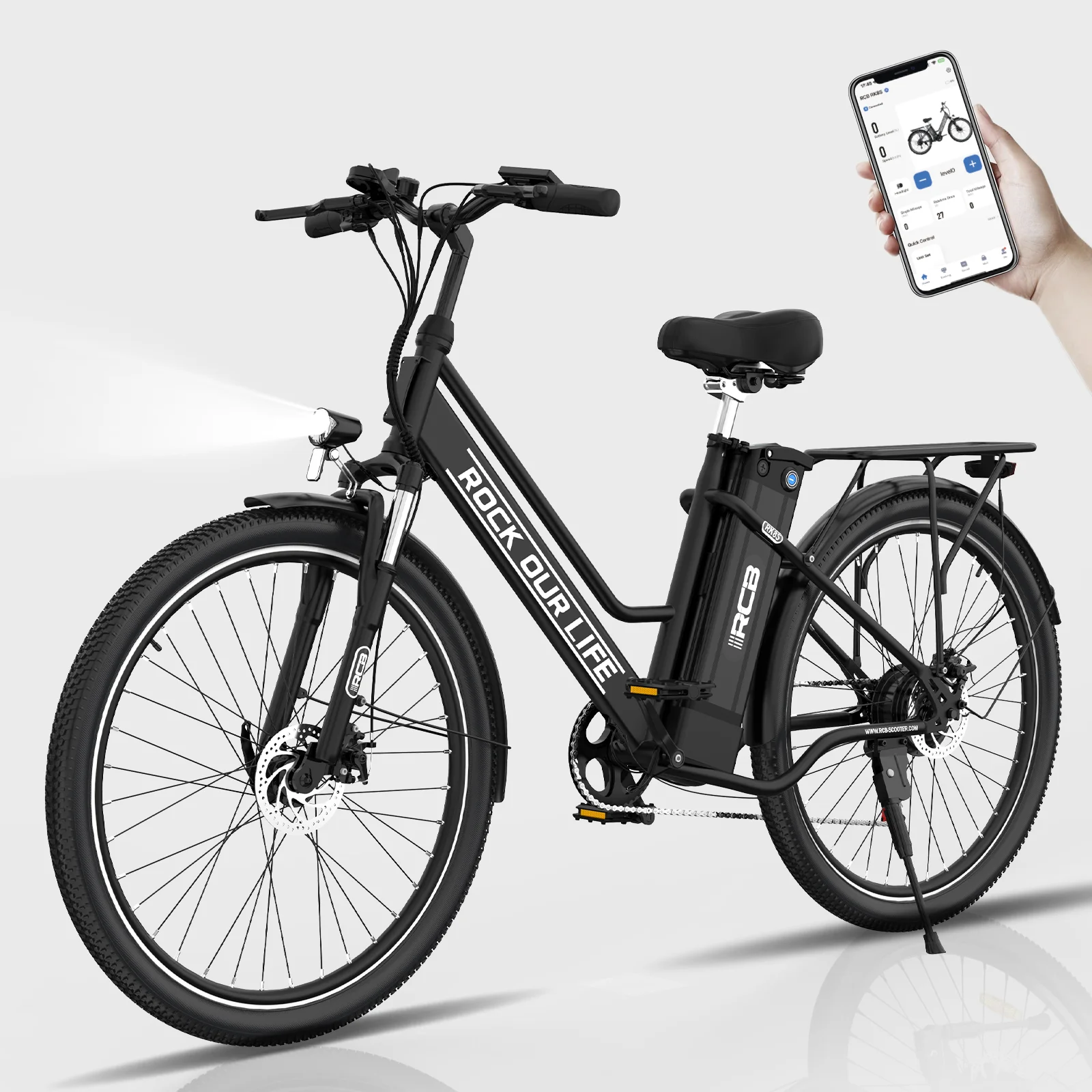 RK8S Elektrische fiets 26 inch voor volwassenen, 250W Lithium batterij 36V 10.4Ah, bereik 50km, Pedelec met APP-besturing, 7 versnellingen, verende voorvork, schijfremmen, waterdicht IP54, stadsfiets