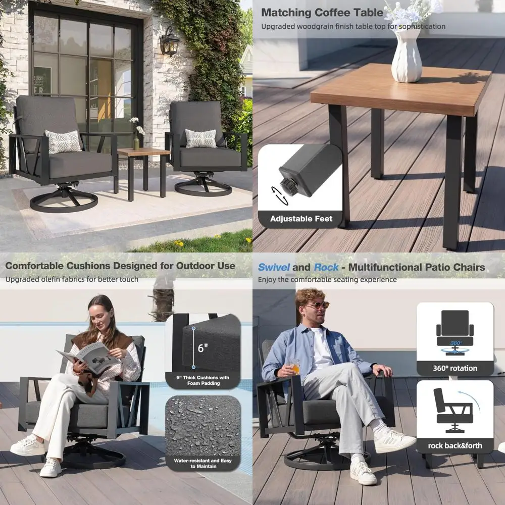 

3-Piece Outdoor Swivel Rocking Chair Set with Cushions and Coffee Table for Patio Porch