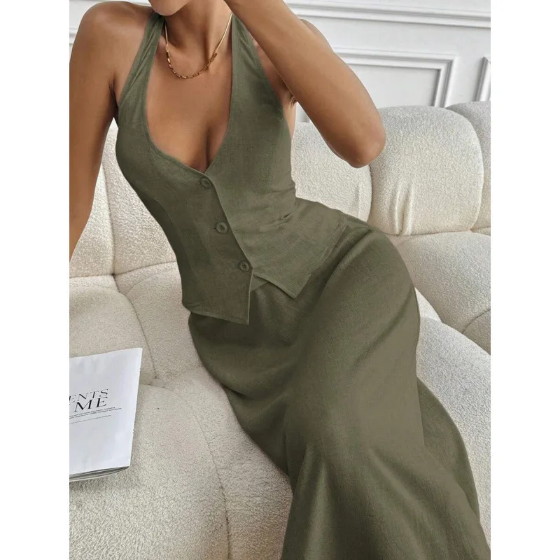 

French Halter Dress Set B 52453 Women's Summer Fashion Set Cross-Border Neckline Skirt Ensemble No Brand Registered Trademark