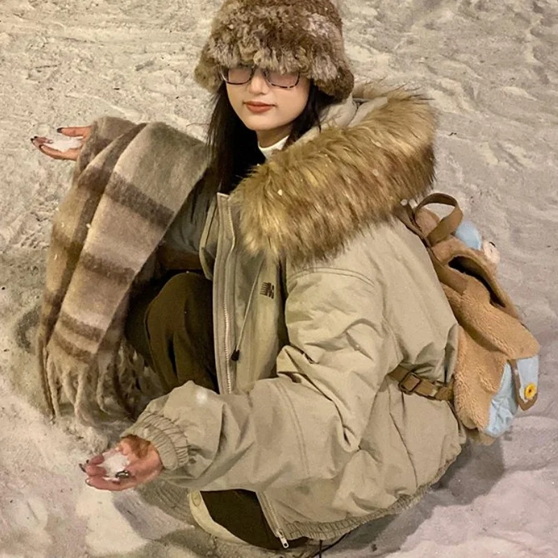 Women Khaki Retro Daily Cotton Coat Women Drawstring Zip Logo Embroidery Warm Short Winter Elastic Rib Hem Padded Jacket