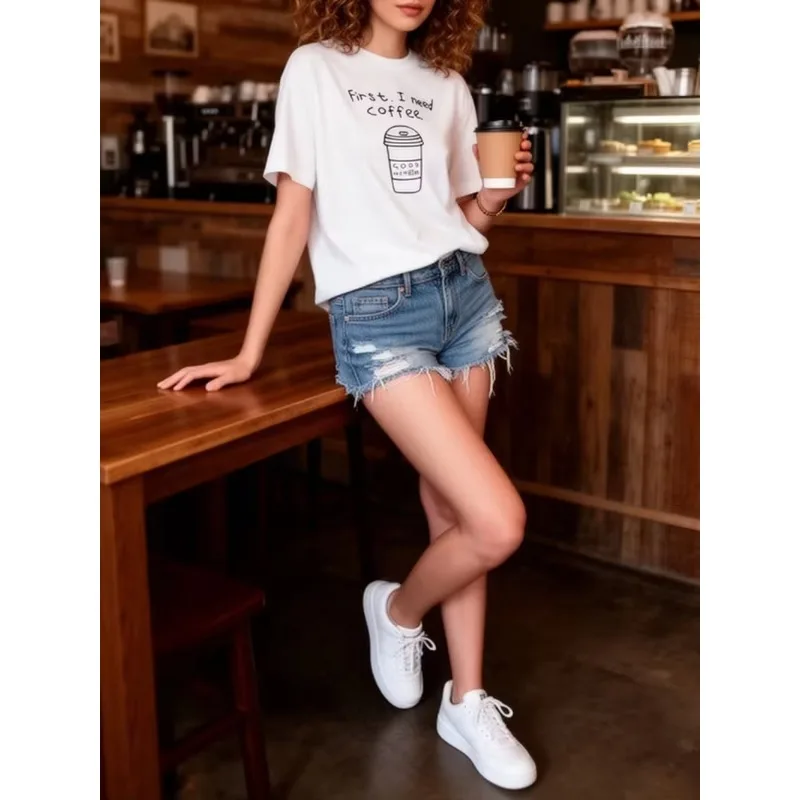 First I Need Coffee Pure Cotton Printed Men's and Women's Personalized Round Neck Short Sleeved New Fashionable Casual T-shirt