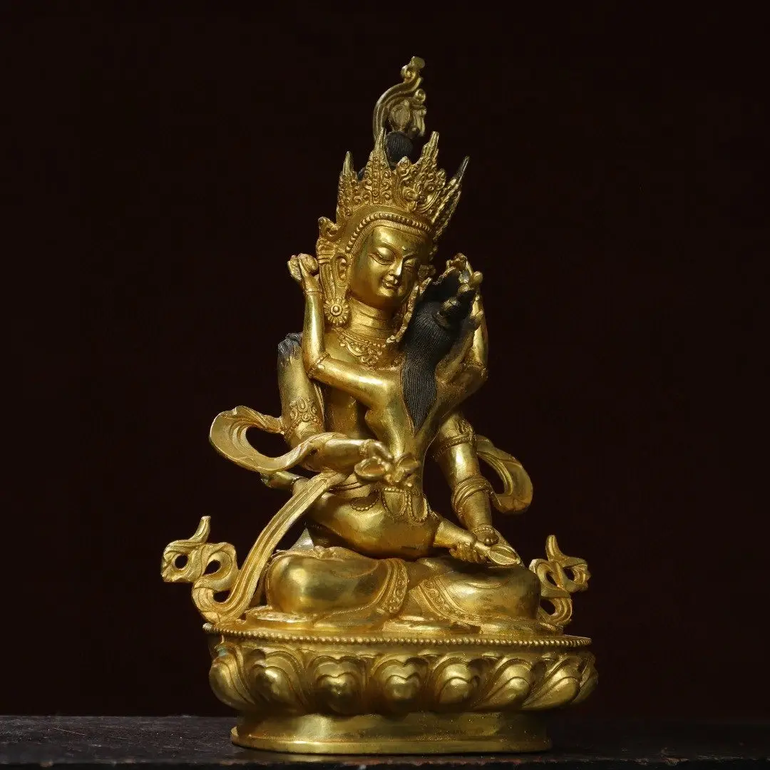 Tibetan Yab Yum Yellow Jambhala Buddha Statue Pure Copper Painted Gold Plated Creative Home Altar Decor