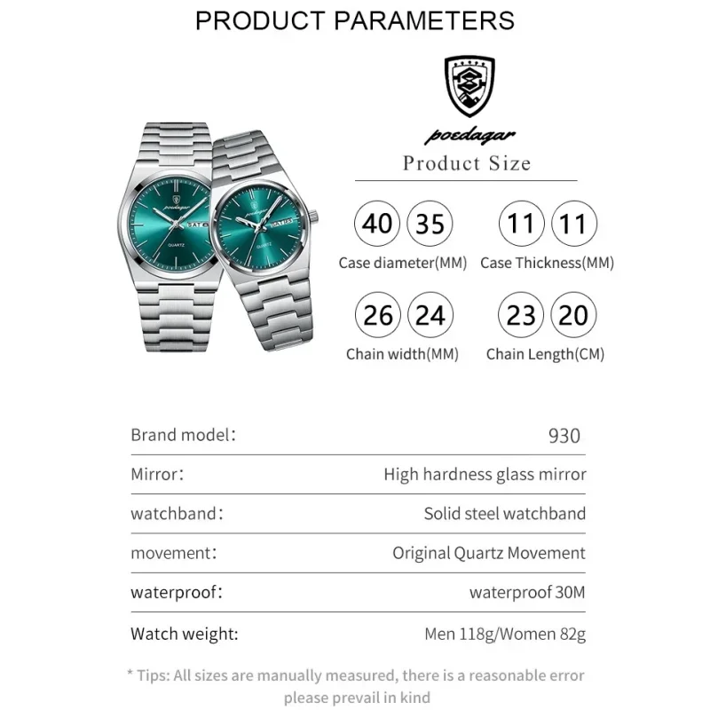 POEDAGAR ساعات الزوجين موضة الاتجاه ساعة كوارتز أصلية للحبيب مقاوم للماء مضيئة تاريخ الأسبوع الرجال والنساء ساعة اليد #2