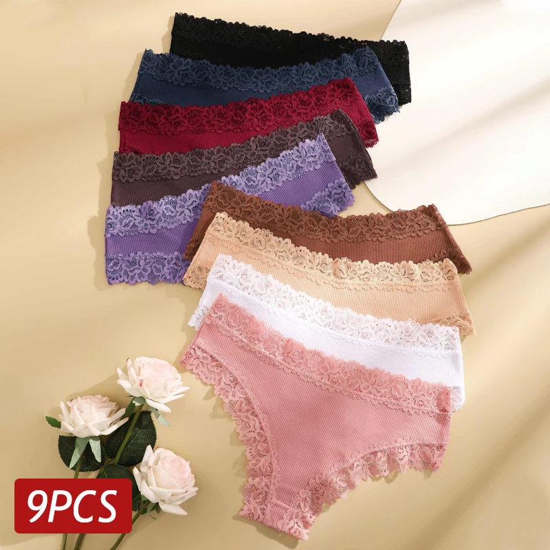 

9PCS/Set Lace Cotton Panties For Women Sexy Low Rise Solid Color Brazilian Panties G-String Pant Female Breathable Sexy Lingerie