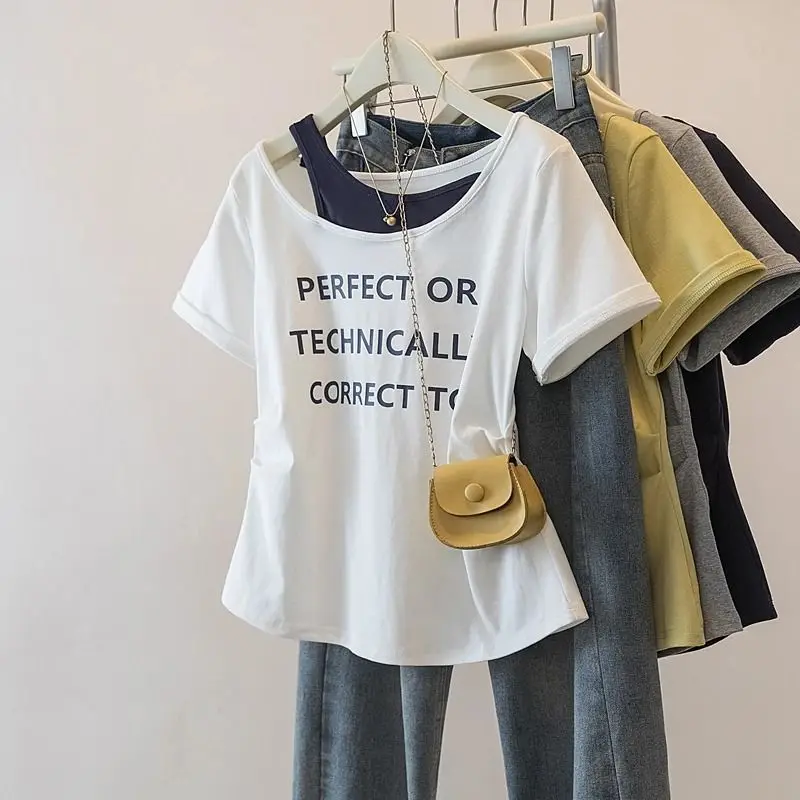 Plus Size False Two-piece Letter Print Casual Tops Women Clothing Short Sleeve Off Shoulder Trend T Shirts Fashion Trend Summer