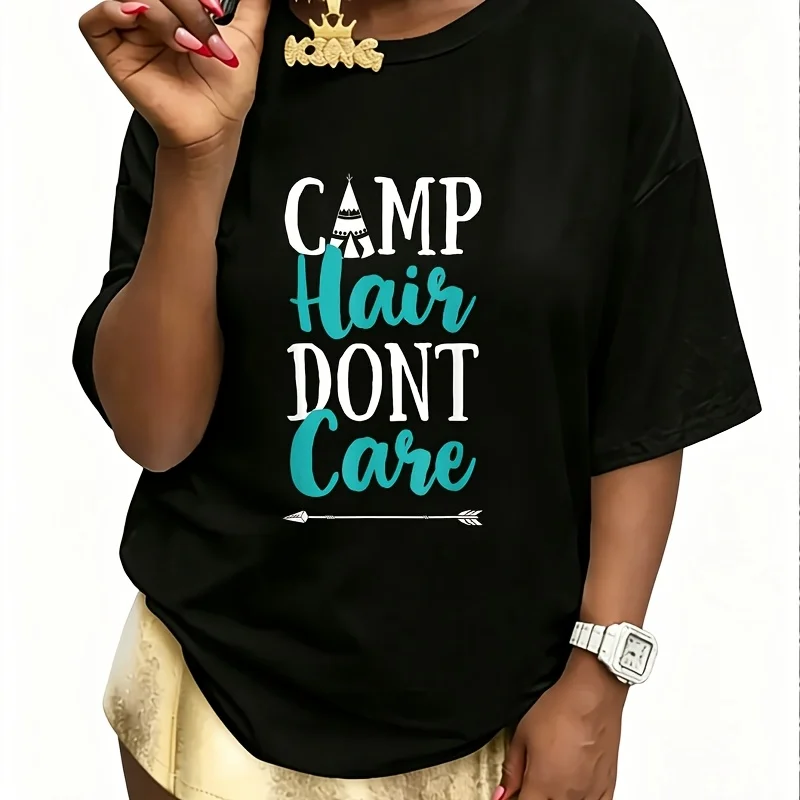 Camp Hair Don'T Care Women's 100% Cotton T-Shirt Short Sleeve Casual Top Round Neck Fun Print Tee S-5Xl
