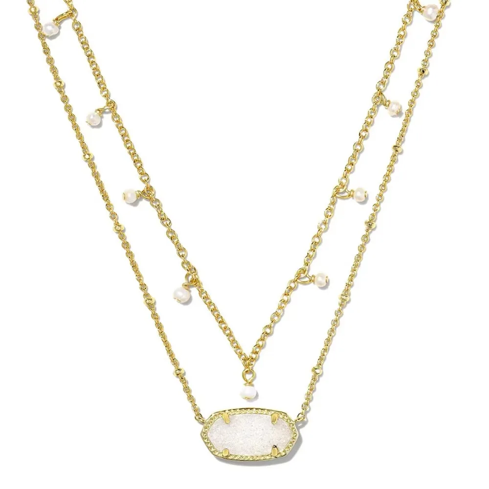 

VKVVA Double Chain Irregular Freshwater Pearl White Shell Gray Cat's Eye White Crystal Geometric Pendant Necklace