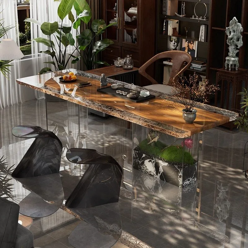 Natural resin solid wood tea table light luxury modern home tea table high-end villa living room tea table new Chinese style