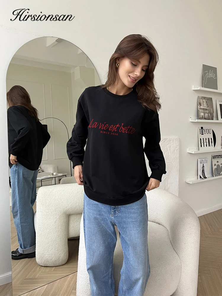 Hirsionsan 2024 New Spring Autumn Casual Red Letter Print Sweatshirt Women Soft O Neck Ladies Vintage Pullovers Tops Y2k