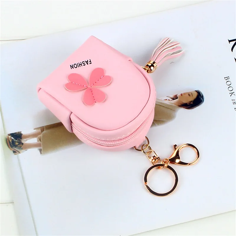 Clover dompet koin semanggi rumbai dompet kecil dompet gantungan kunci dompet koin tas organiser Earphone liontin cincin kunci hadiah anak perempuan