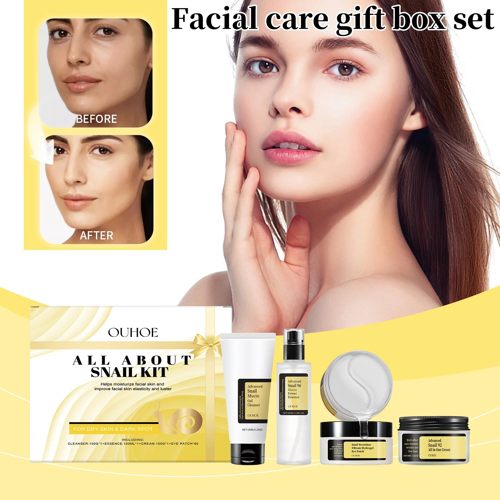 Snail Facial Care Kit Fade Fine Lines Improve Dull Skin Brighten Skin Moisturize Nourish Face Skincare Exquisite Gift Box Set